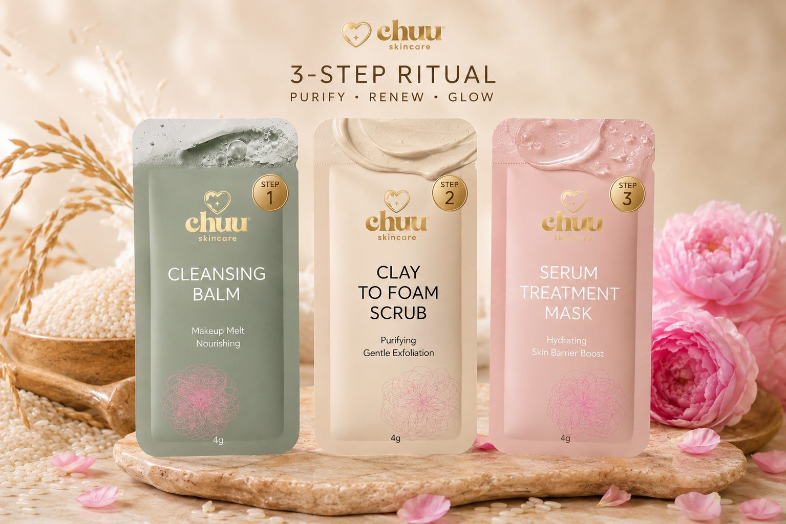 chuu skincare 3-Step Ritual &mdash; Cleansing Balm, Clay to Foam Scrub, Serum Treatment Mask
